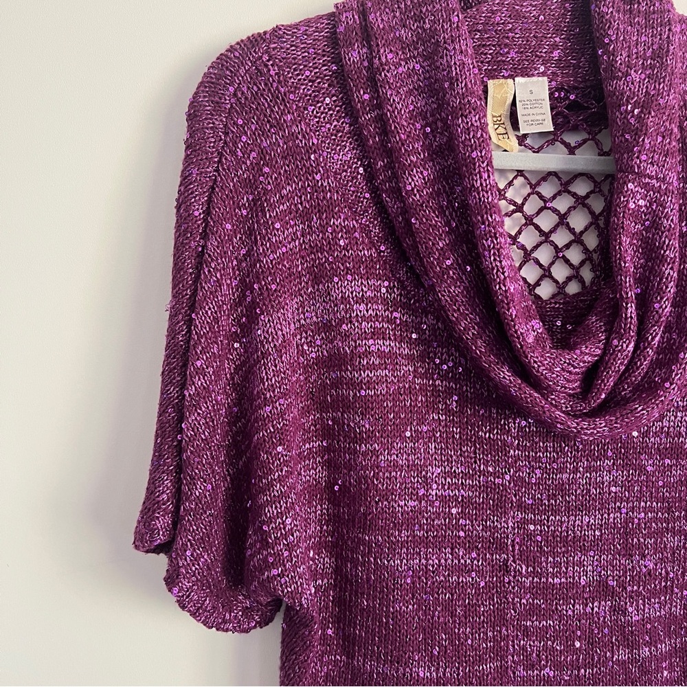 Y2K Purple Sequin Cowl Neck Top Size Small Glam Sequin Top Knit - Picture 3 of 10